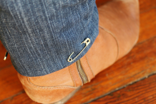 Measure new hem on jeans with safety pins