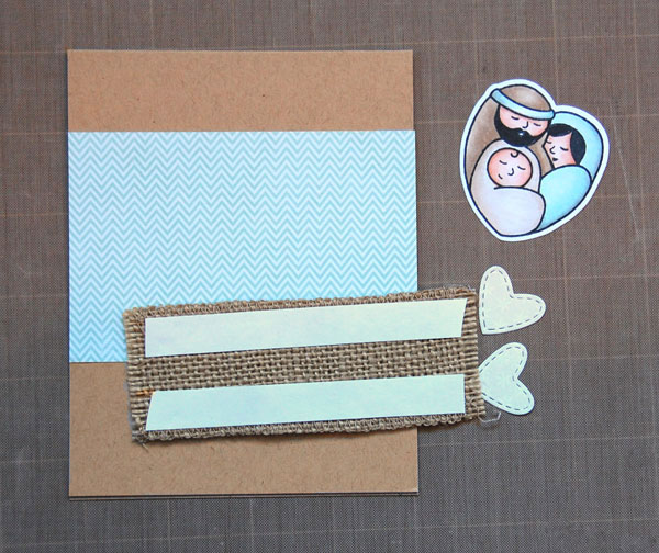 Adhere patterned paper; apply double-sided tape to burlap