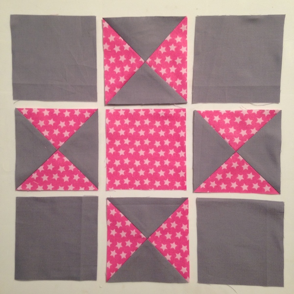 Lay out the blocks with 4" blocks in the center and corners