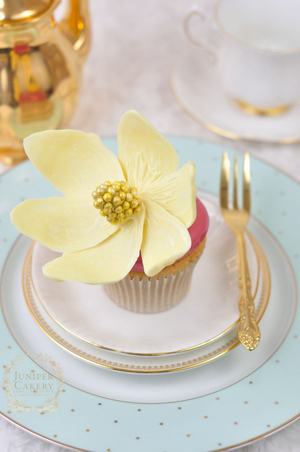 White chocolate magnolia flower cupcake by Juniper Cakery