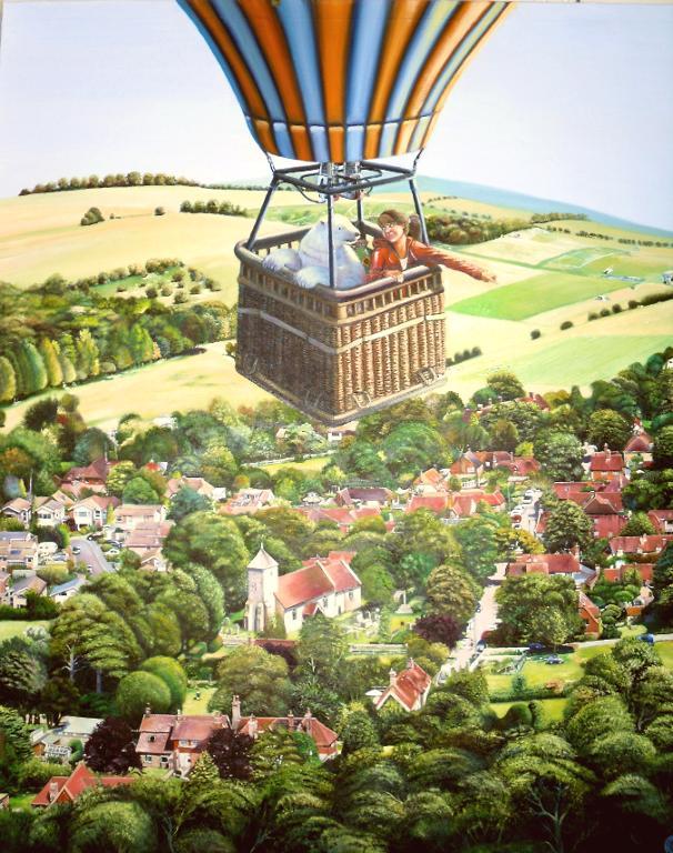 Illustration of a woman and a panda bear in a hot air balloon