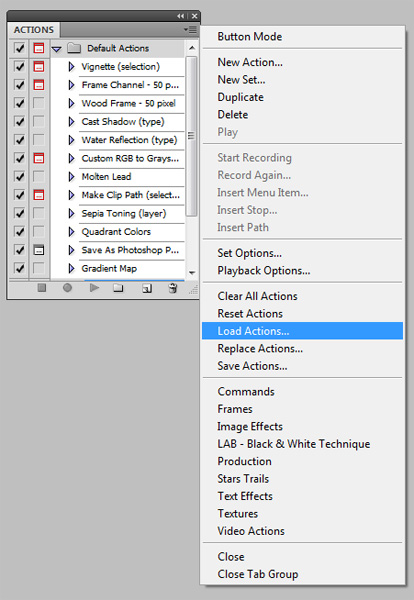 Screen shot showing how to load actions in Adobe Photoshop