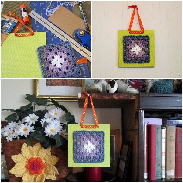 Crochet Granny Square Framed with Cardboard and Ribbon