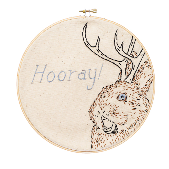 hand emboidred jackalope with the text 'hooray'