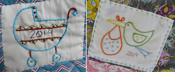 Hand embroidered quilt label for baby.