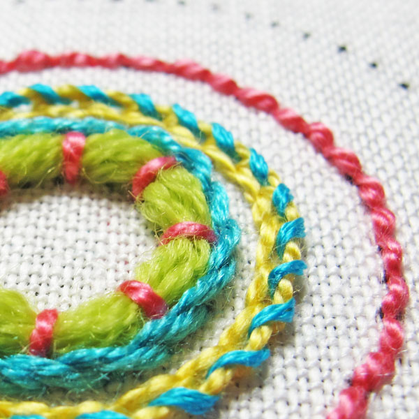 A completed whipped chain stitch, with only the outer loops of the chain stitch whipped