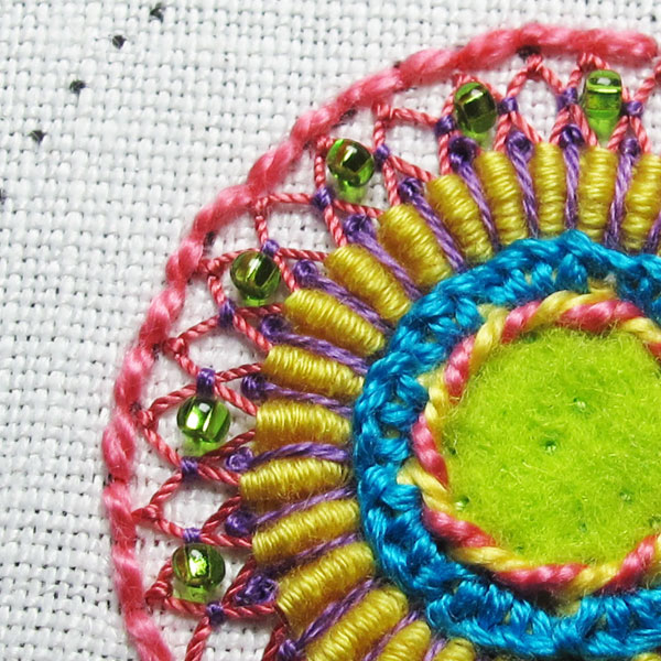 Close-up shot of embroidered scissor fob with seed beads
