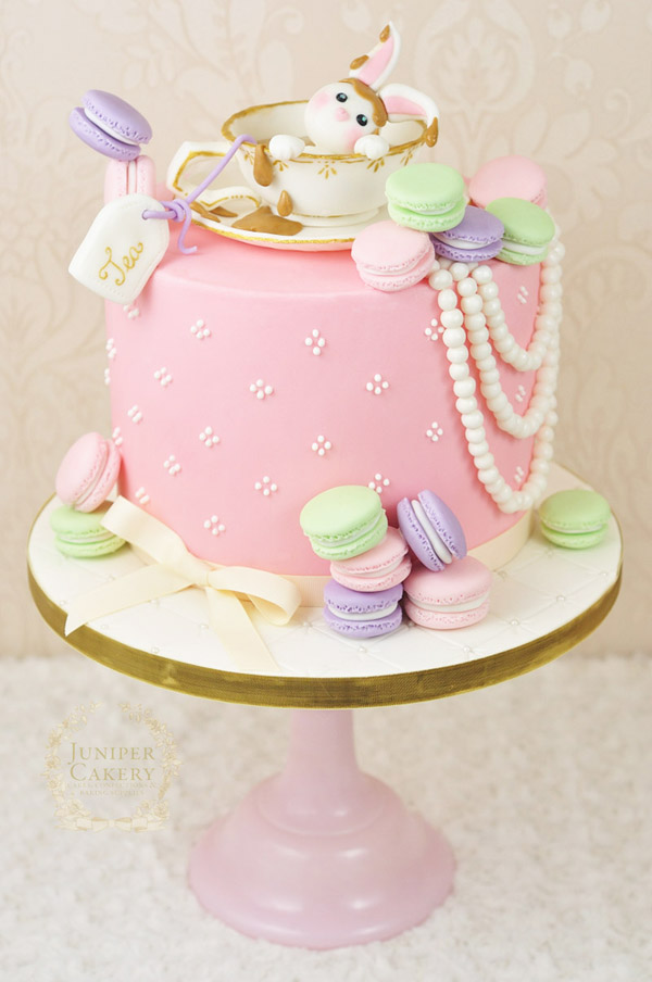 Tea and macarons rabbit cake by Juniper Cakery