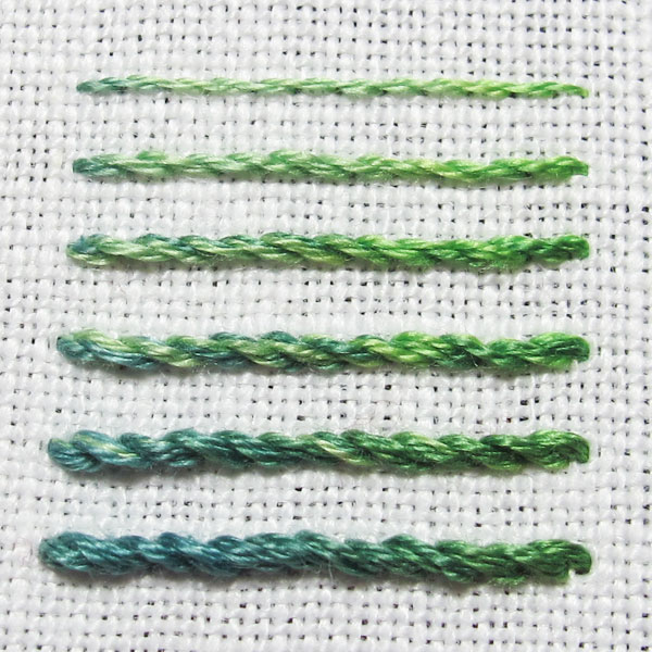 Sample stitches in green cotton embroidery thread