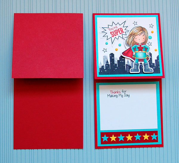 Blank card and finished card open side by side