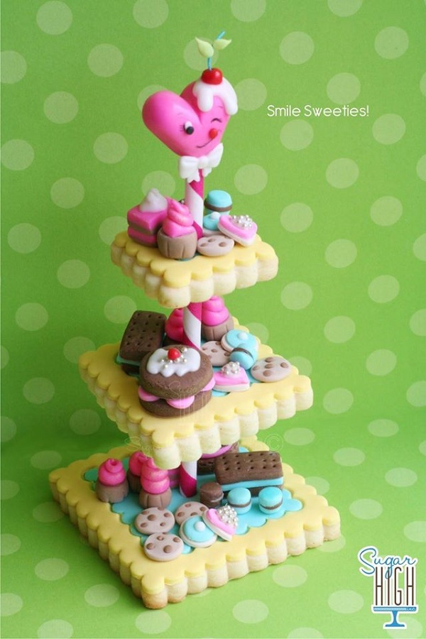 Fondant pastries on cookie tower