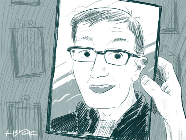 A drawing of a face in a mirror