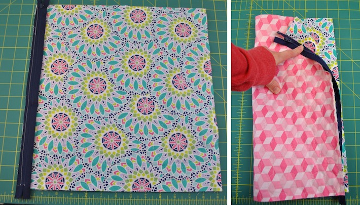 Stitch the zipper to the quilted fabric panel