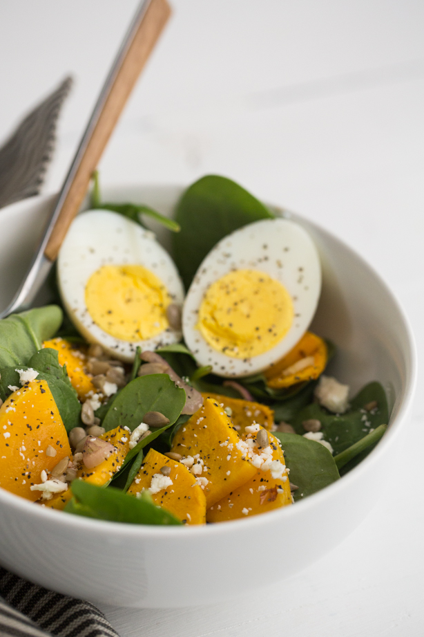 Roasted Squash and Hard Boiled Egg Spinach Salad