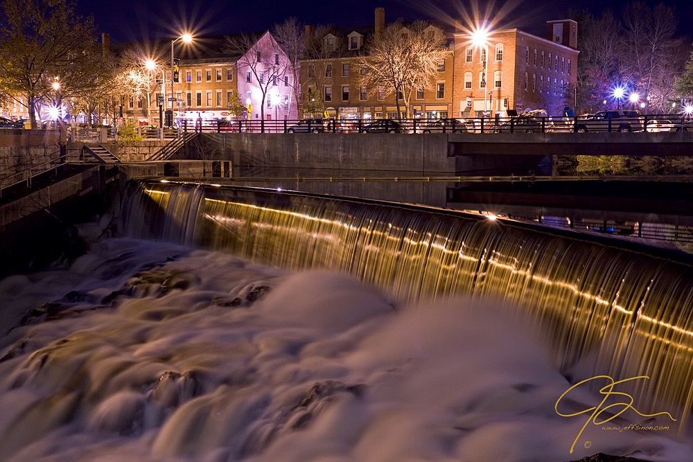 Cocheco River Falls, Dover, NH At Night.