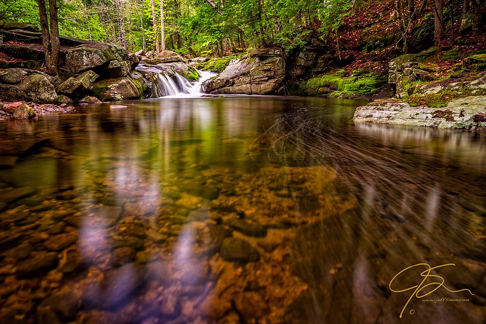 Long exposure waterfall image taken from mid stream below the falls