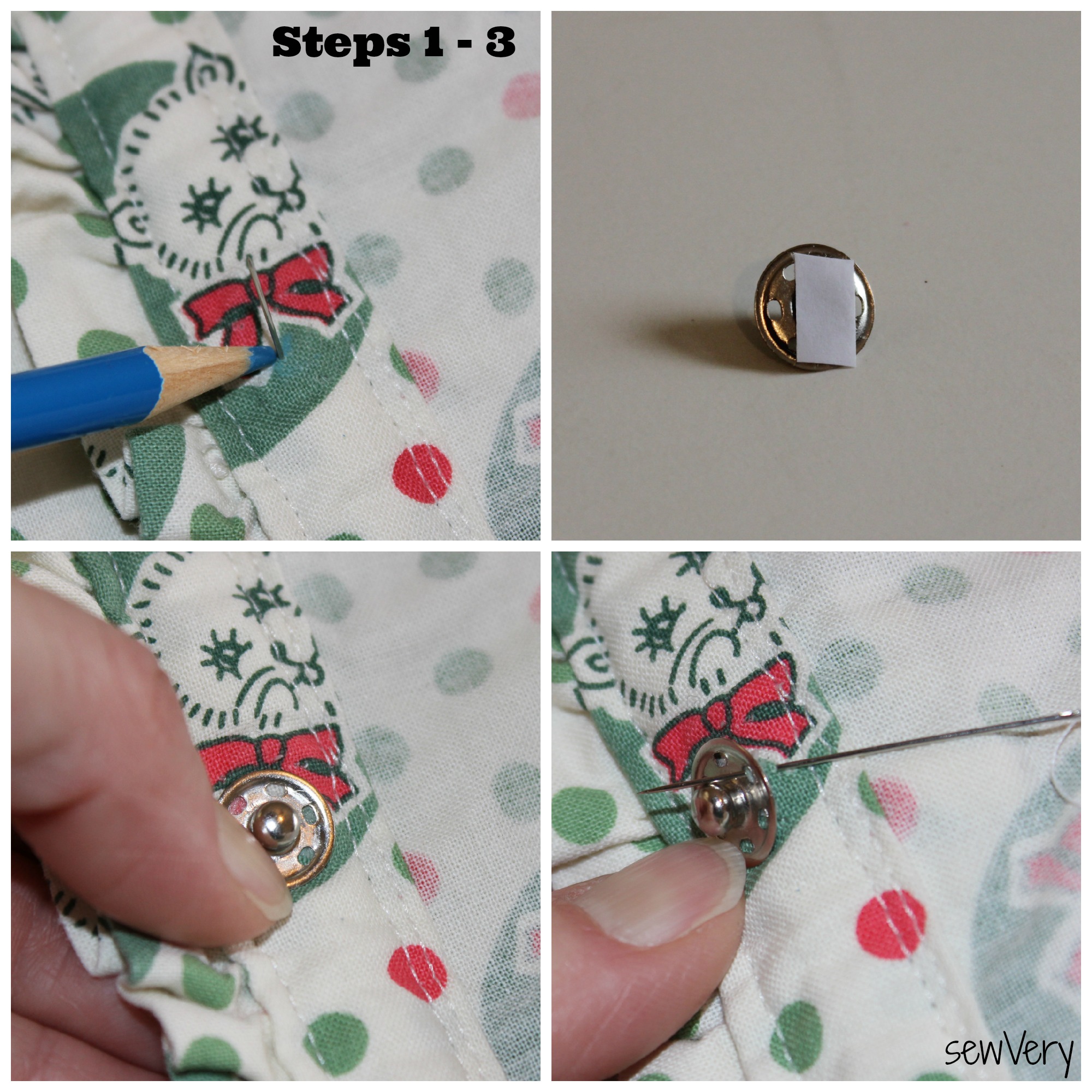 Steps 1 - 3 of Sewing on Snaps