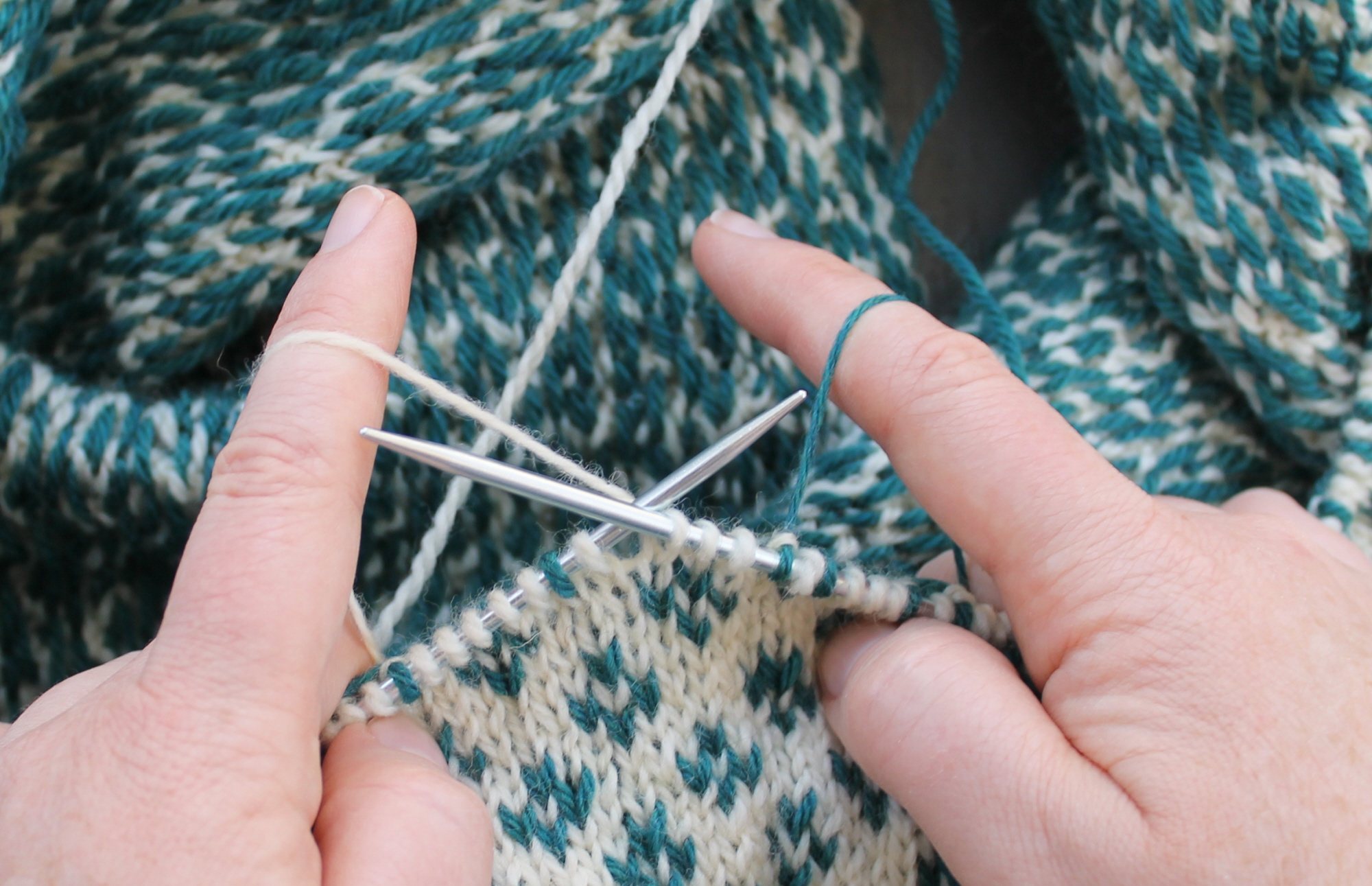 Holding stranded yarn with both hands