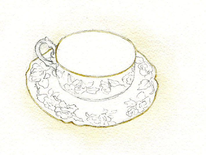 Gold rim on watercolor teacup