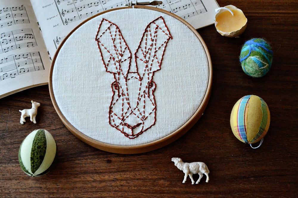 hand embroidered rabbit face in geometric style