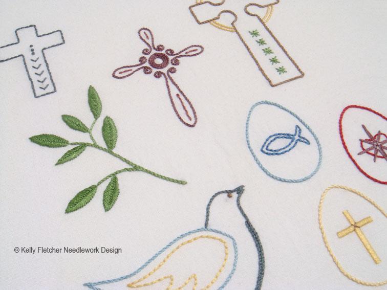 traditional easter icons such as a dove and crosses in hand embroidery