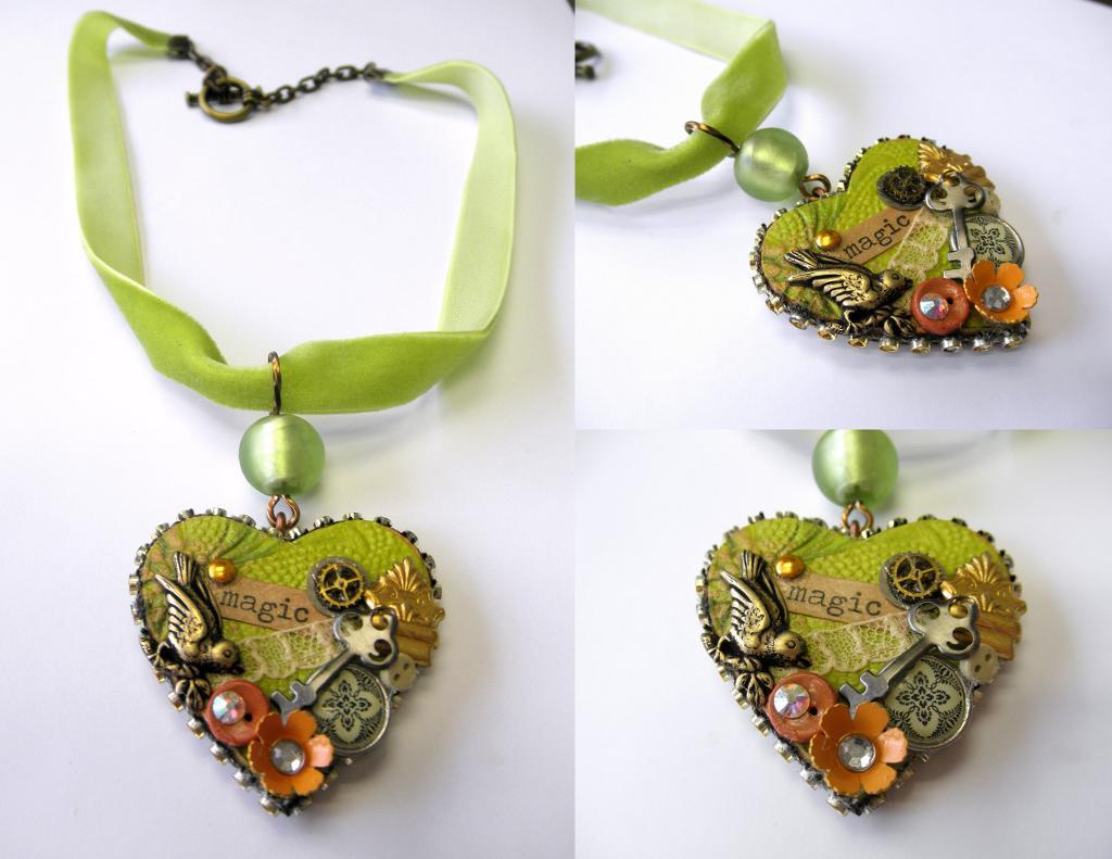 Green Mixed Media Heart Necklace