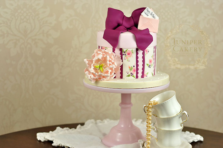Peony and violets hat box cake by Juniper Cakery