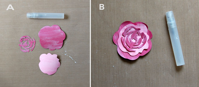 Die-cut, stain and adhere flower layers; add white dots