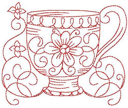 Redwork Teacup 3 Hand Embroidery