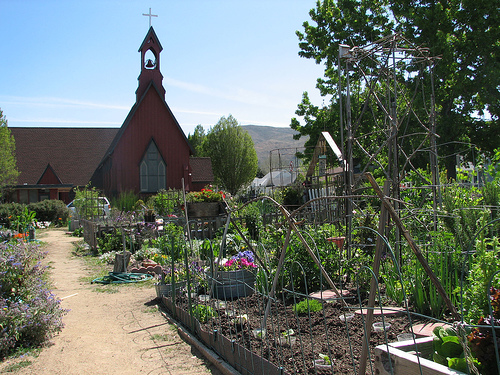 Community Garden with church in background