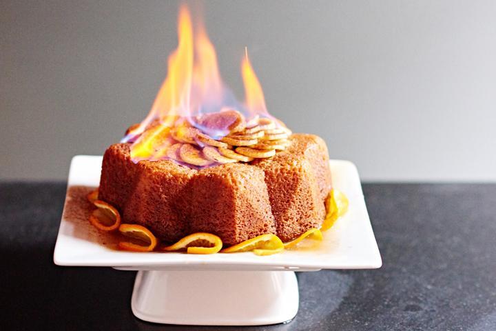 Orange banana flaming cake