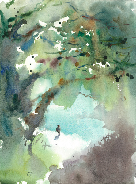 Landscape watercolor with greens