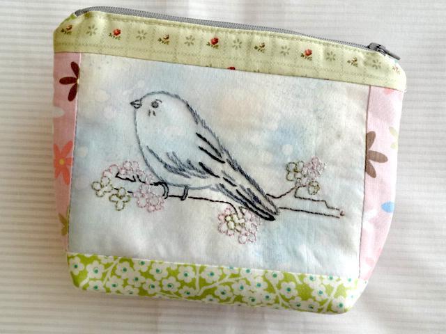 Chickadee Bird Hand Embroidery Zip Pouch