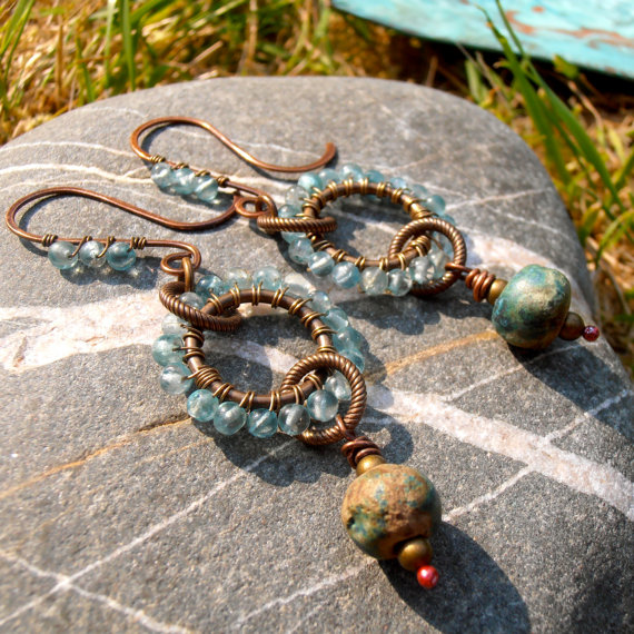 Turquoise earrings with embellished earwires using tiny beads slid onto the binding wire.