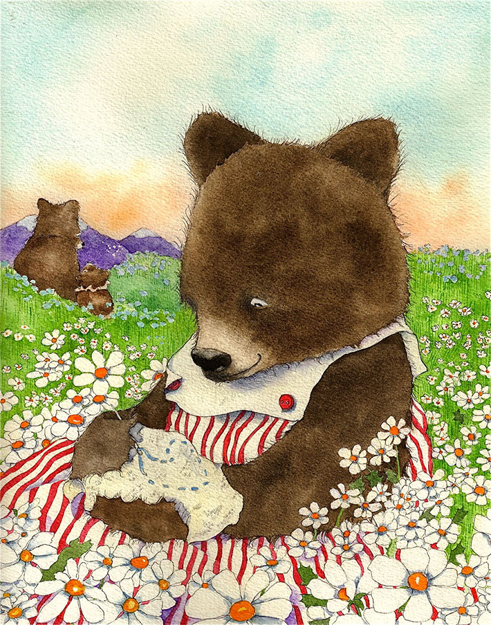 Bear sewing in field of flowers