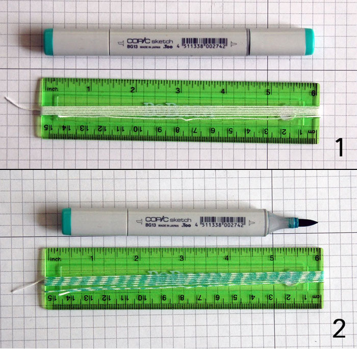 Steps 1 and 2 Baker's Twine-Wrap string and add diagonal stripes with marker