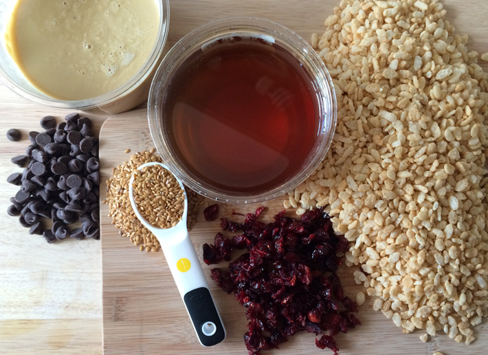 Make healthy Rice Krispie treats by adding cranberries, flaxseed and dark chocolate