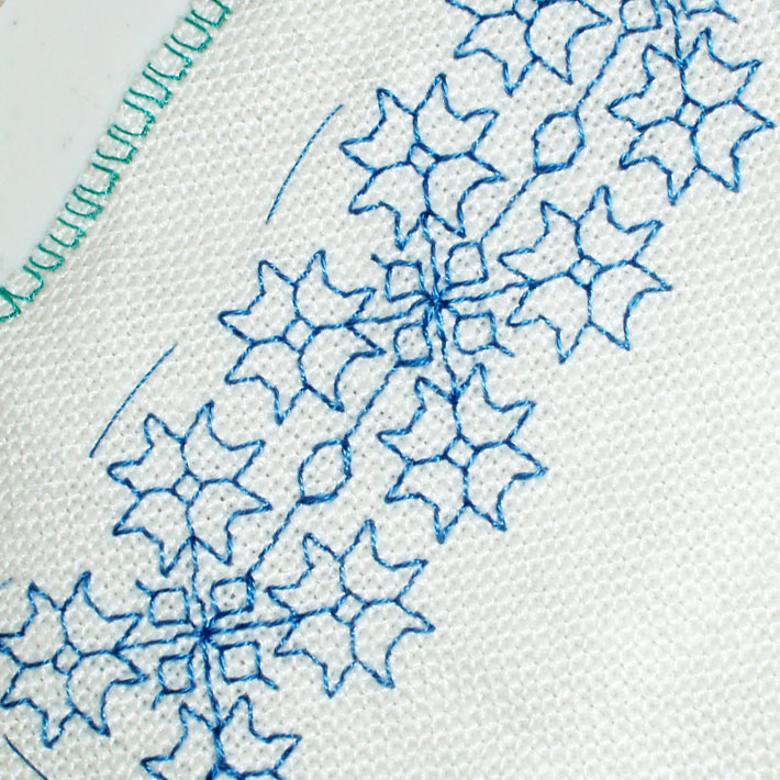 Blackwork embroidery in blue thread - band sample