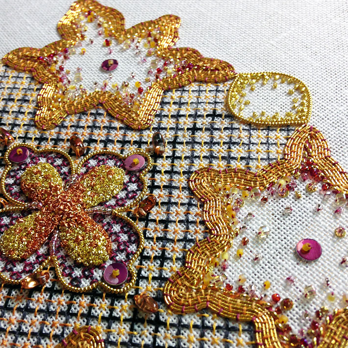 An example of blackwork embroidery enhanced with goldwork and beads by Jen Goodwin