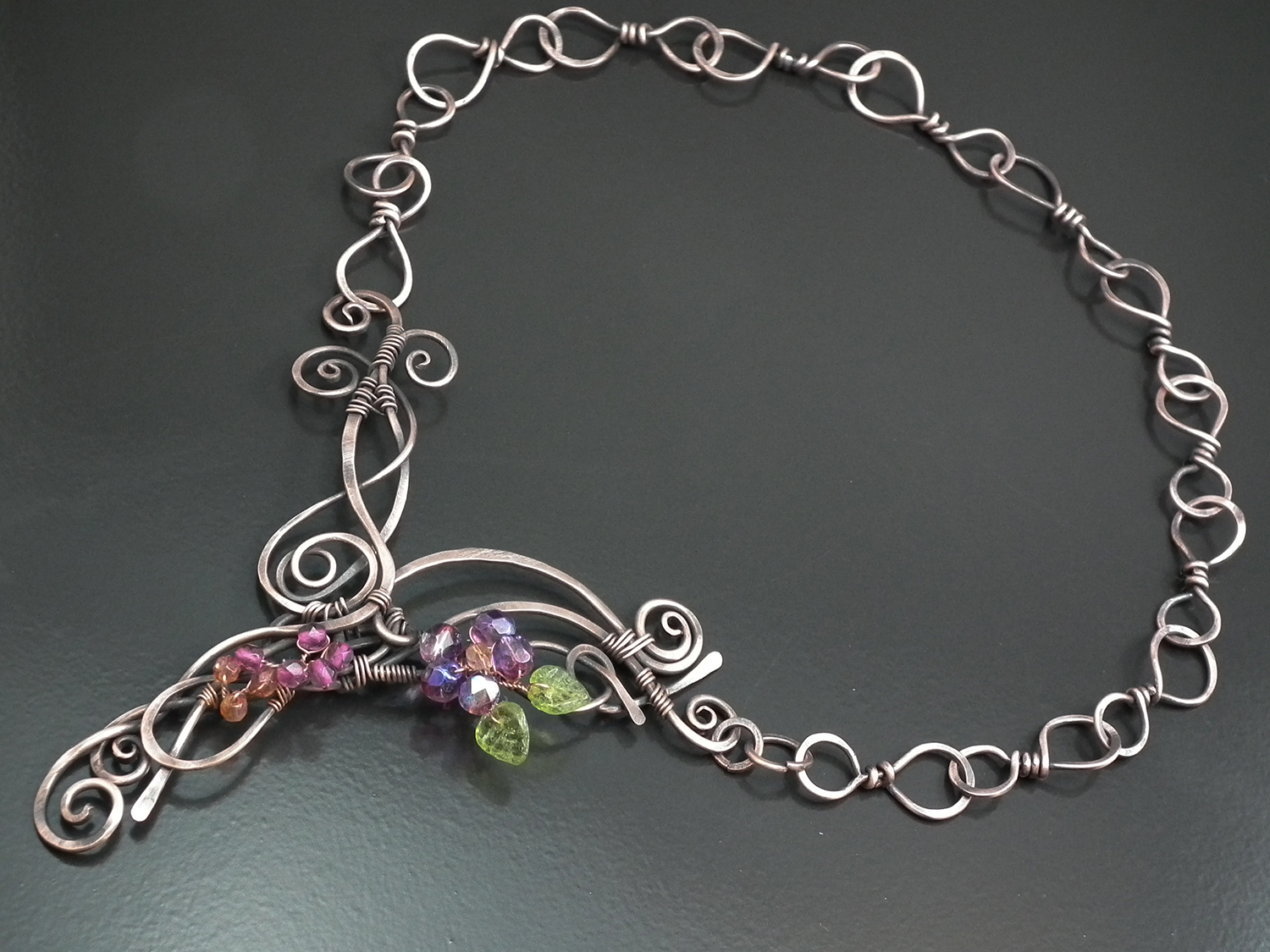 copper necklace with wire bead flowers by Gayle Bird