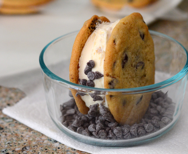 Adding Chips to A Chocolate Chip Cookie Ice Cream Sandwich