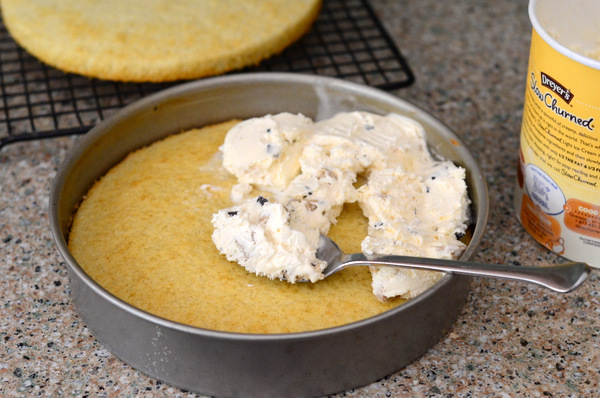 Soften your ice cream and spoon it on top of the layer of cake.