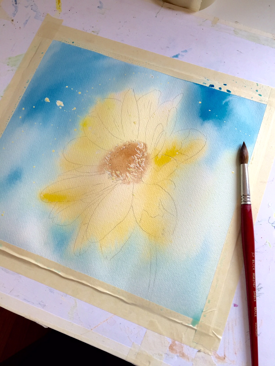 Watercolor first wash on flower