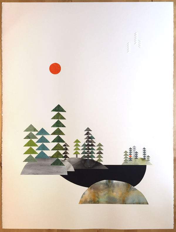The completed cut-paper landscape drawing