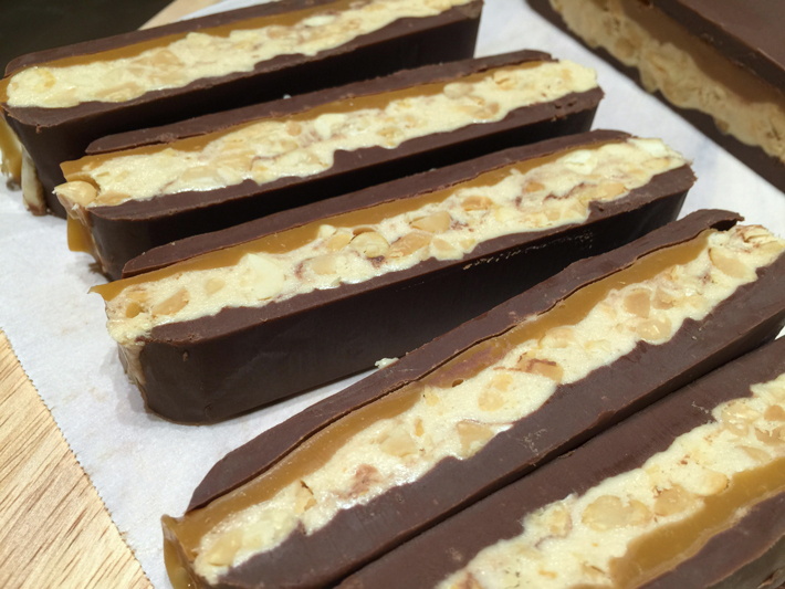 Homemade Snickers Bars cut to serve