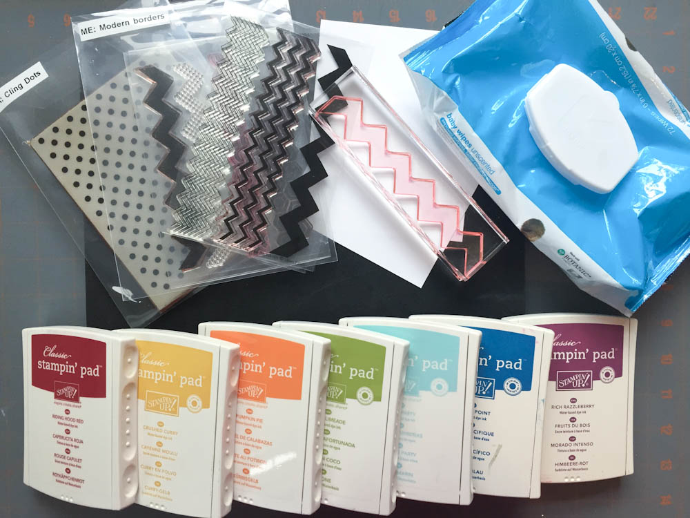 Supplies for making rainbow stamped background