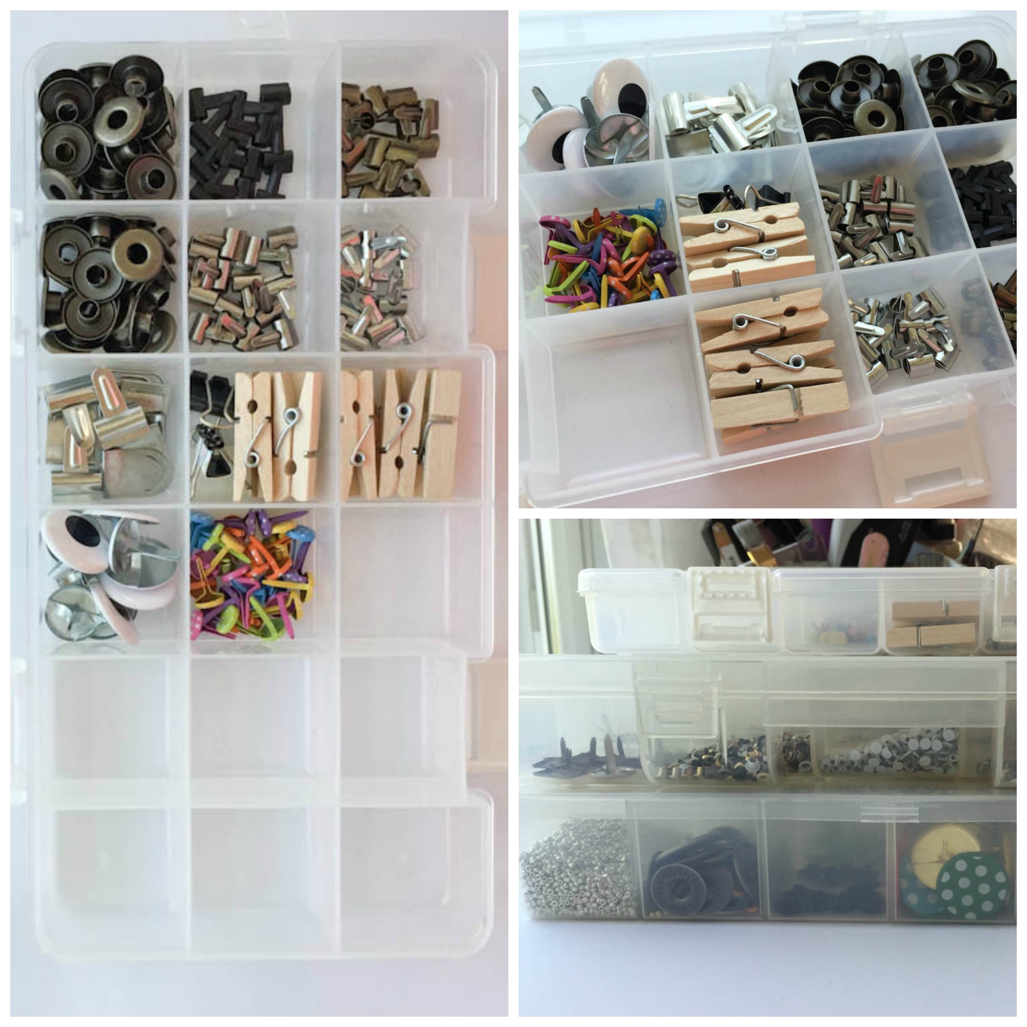 crafts supplies organized in plastic boxes