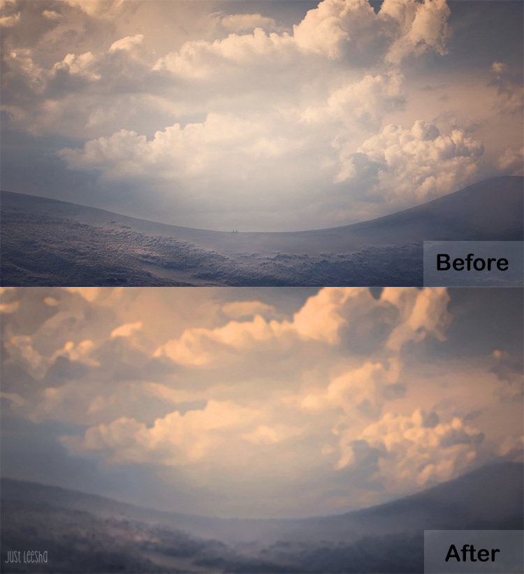 cloud landscape image before and after PhotoShop