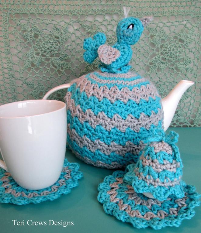 Tea Cosy, Coaster, Egg Cosy Set with Bir FREE Crochet Pattern