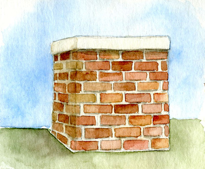 Old brick chimney painted with watercolors